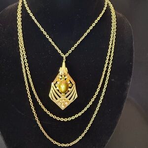 Unique 60s Era Triple Strand Chain Necklace w/ Pendant Gold Plated